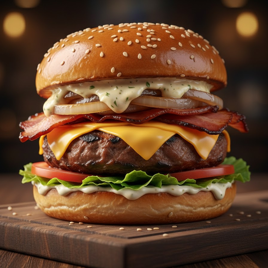 Pão, carne 150g, Bacon, Queijo cheddar, cebola ao shoyo, molho mineiro e salada