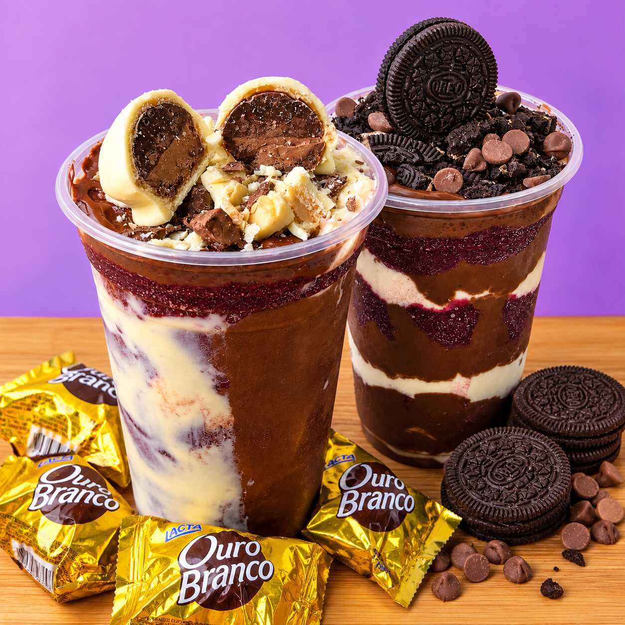 COMBO 2 AÇAÍS DOS SONHOS 💜
Açaí Ouro Branco: açaí premium, bombom Ouro Branco, Ovomaltine, creme de Ninho e creme de avelã.
Açaí Oreo: açaí premium, biscoito Oreo, creme de avelã, leite em pó e gotas de chocolate.
✨ Escolha o tamanho dos seus copos: 300ml, 500ml ou 700ml.