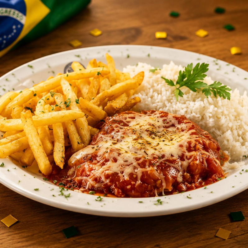 arroz, file de frango empanado, molho de tomate da casa, muito queijo derretido e fritas. Finalizado com cebolinha e pimenta biquinho. ( indicado pra 1 pessoa )