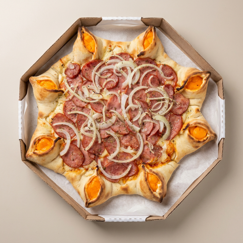 Massa, molho, mussarela, calabresa, cebola, azeitona e orégano. Obs: o Cliente decide se quer a borda só de cheddar ou Catupiry ou ambas, informar na descrição de produto!