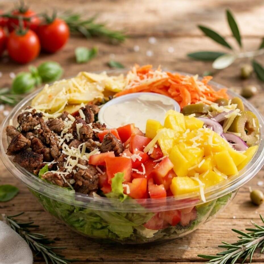 Mix de folhas, cubinhos de carne alcatra, o doce das frutas manga e maça para realçar o sabor, tomate cebola roxa, azeitona, cenoura ralada, queijo parmesão zero lactose, e torradinha e finalização com molho artesanal zero lactose.