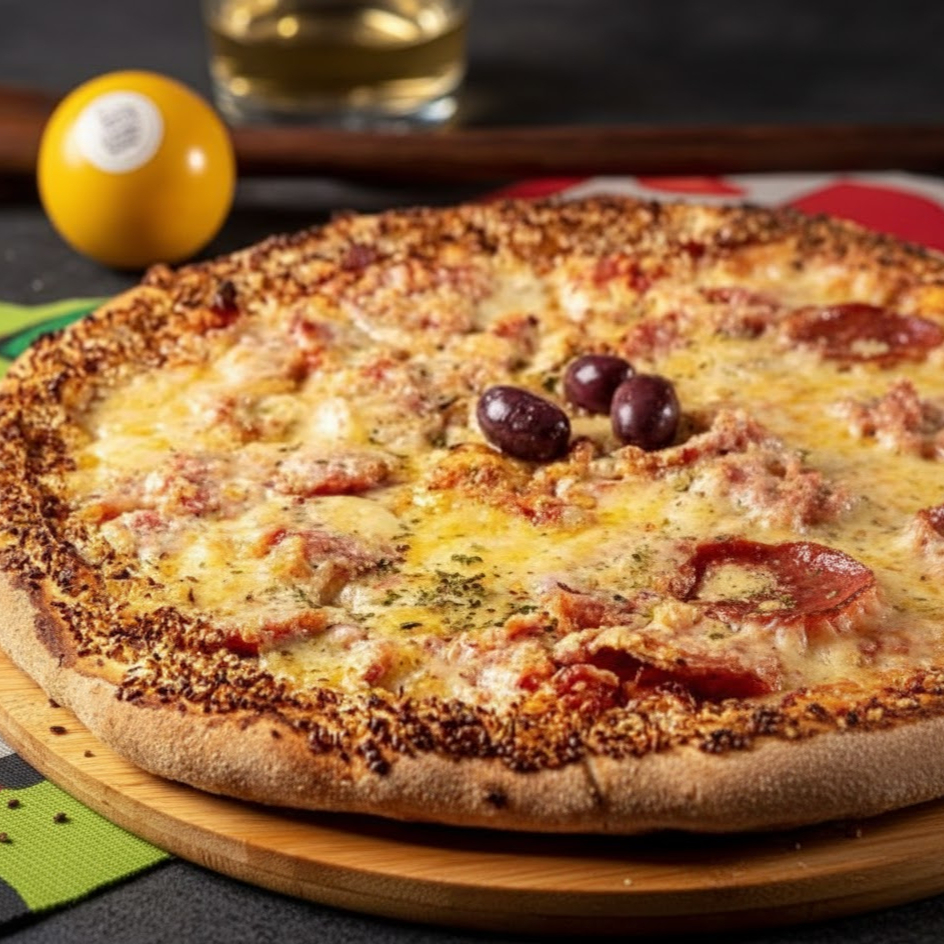 Fatias de calabresa e Mozarela Pizza acompanha molho de tomate fresco, orégano, azeitonas e gergelim na borda.