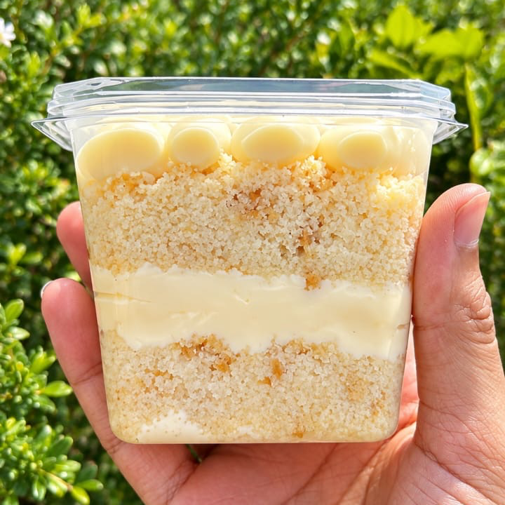 Massa de baunilha molhadina, com recheio cremoso.