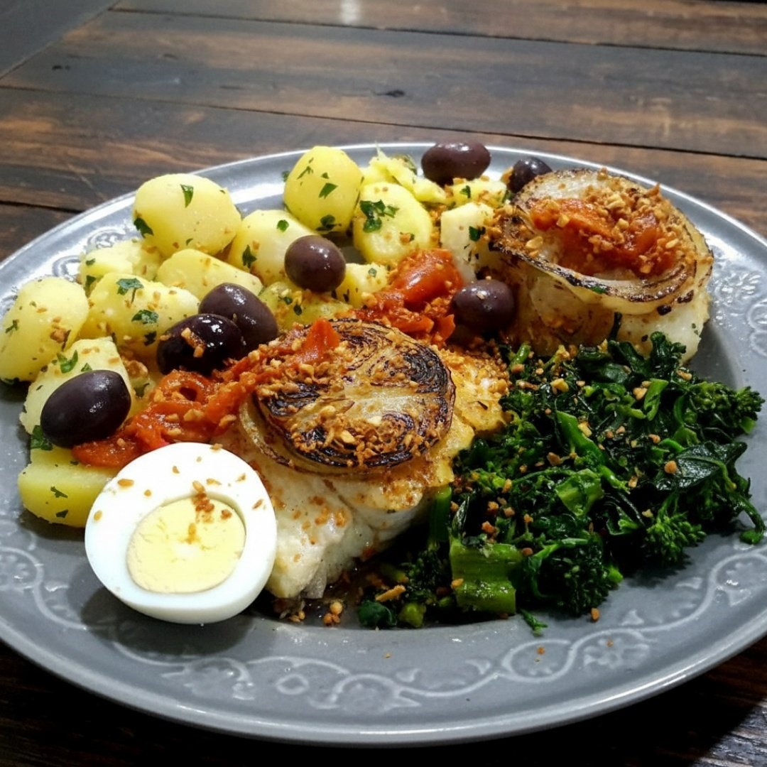 Lombo de bacalhau porto Gadus Morhua cuidadosamente grelhado com azeite extra virgem em chapa especial. Com guarnição de batatas cozidas, brócolis cobertos com alho frito no azeite, cebola, pimentão vermelho, azeitonas e ovos cozidos. Porção inteira para 2 pessoas. Meia porção para uma pessoa.