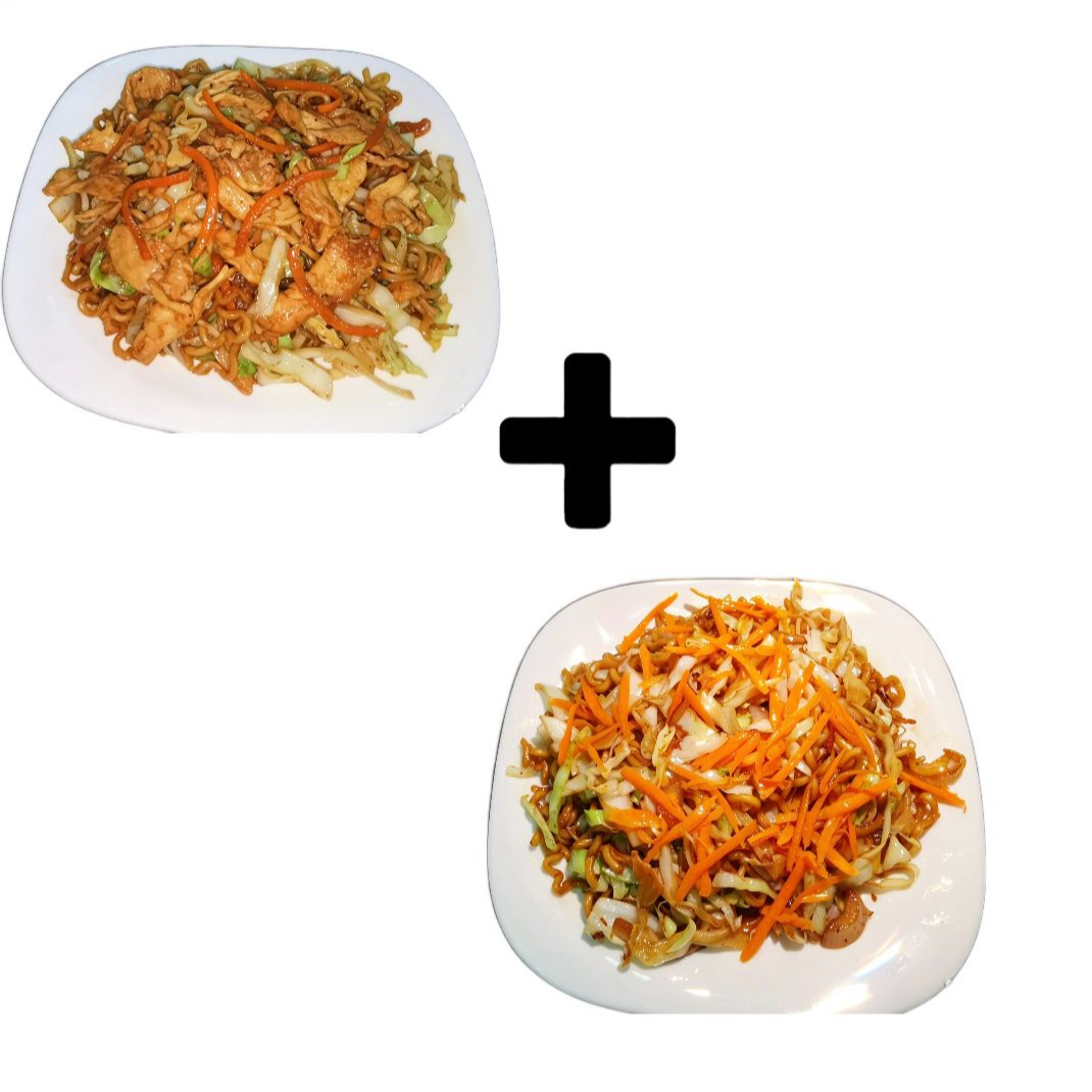 Macarrão, Frango, Cebola, Repolho, Cenoura, Alho picado, Molho de soja