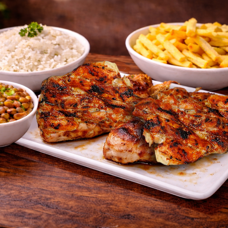 Prato para 2 pessoas com supremo de frango (coxa e sobrecoxa desossadas), suculento e bem temperado, preparado para garantir maciez e sabor em cada porção. Acompanha a escolha de 3 acompanhamentos para montar a combinação ideal. 🍗✨
