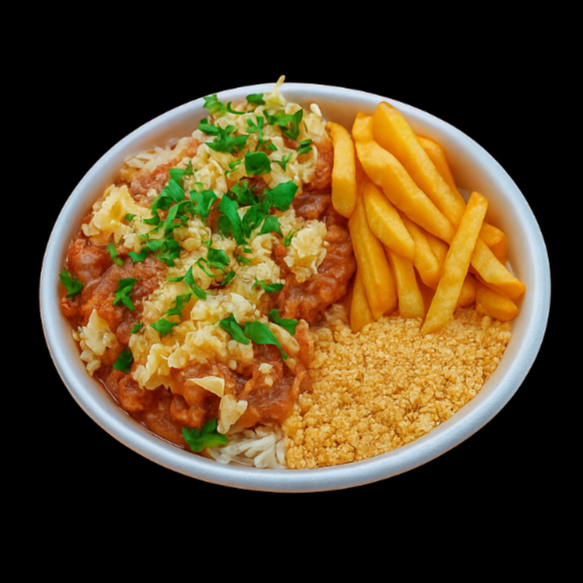 Arroz , feijão , parmegiana de frango , fritas e farofa