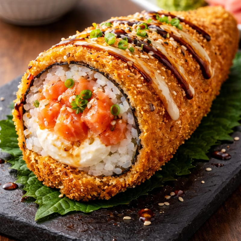 Salmão em cubos, com cream cheese, empanado inteiro na farinha panko e frito.
