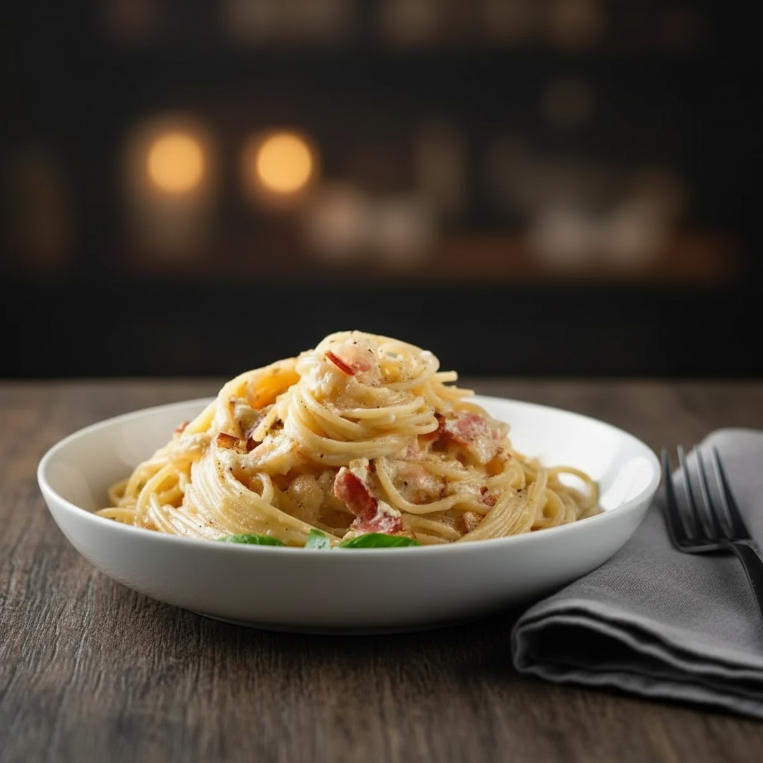Espaguete à carbonara, aprox 500 gr, mais porção individual de polenta frita