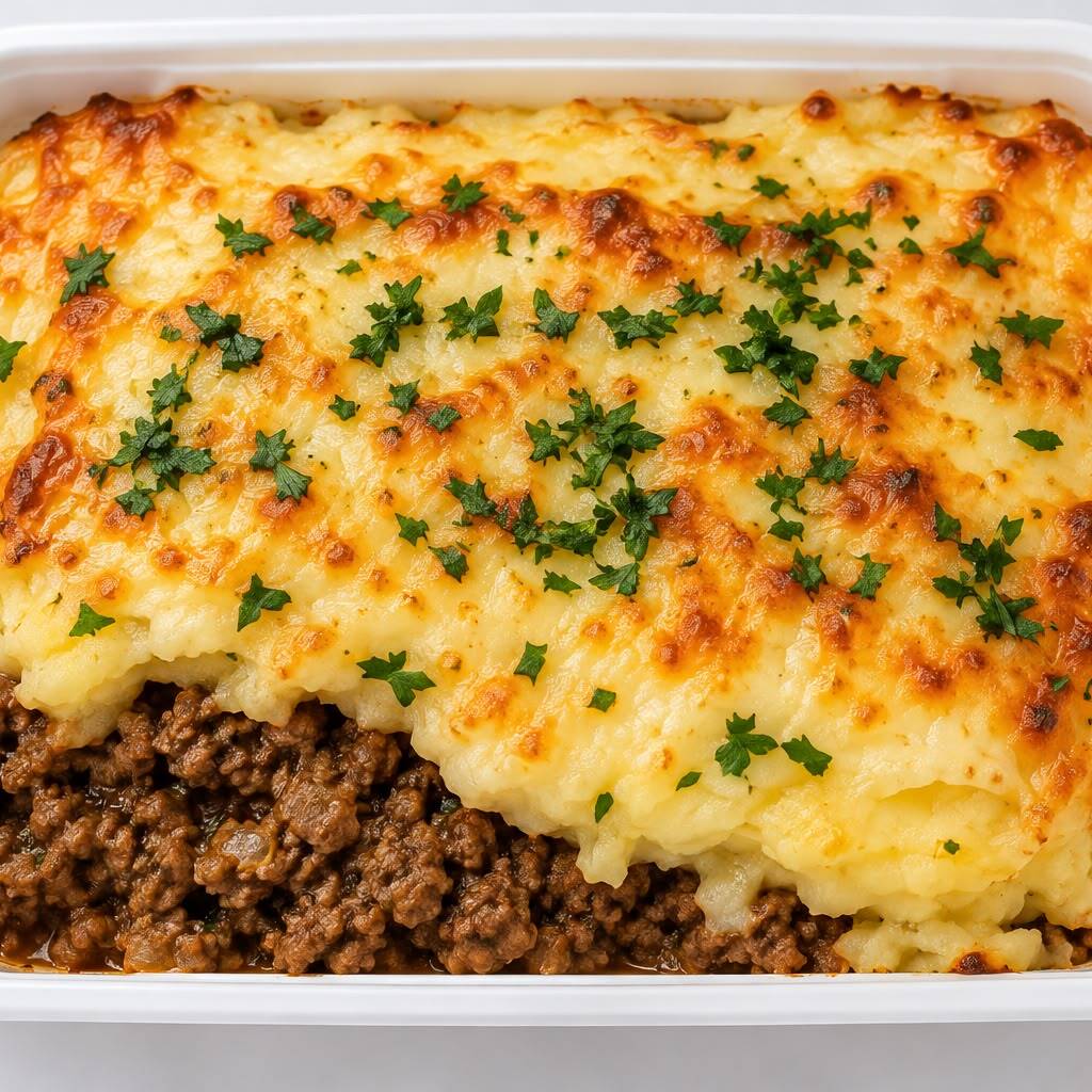 120g de patinho moído, 150 g de purê de batata e 30 g de mussarela. Uma combinação cremosa e saborosa, com bastante proteína e perfeita para uma refeição equilibrada. ≈ 495 kcal | ≈ 38 g de proteína.