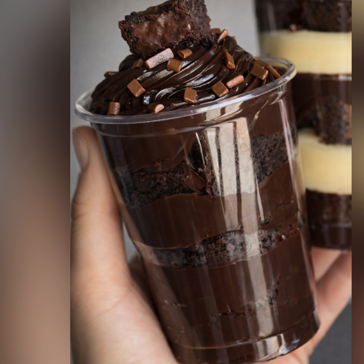 Brigadeiro cremoso e nosso brownie delicioso. Copo 150ml