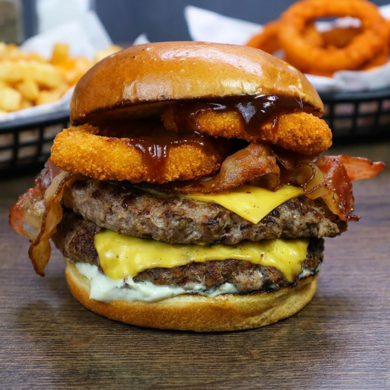 Pão, duas carnes artesanais de 100g, queijo cheddar, bacon, onion rings, barbecue e maionese.