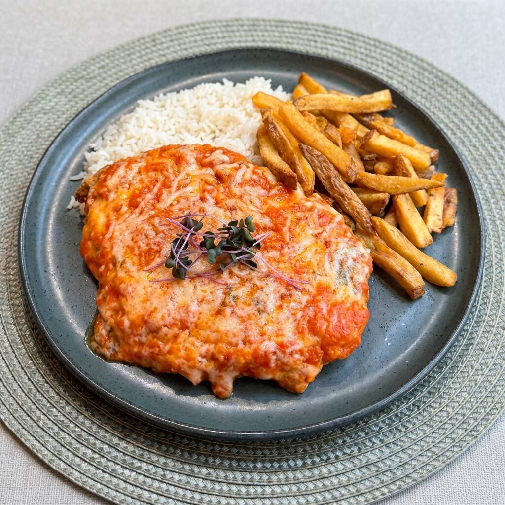 Filé de frango à parmegiana, servido com arroz branco e batatas frita.