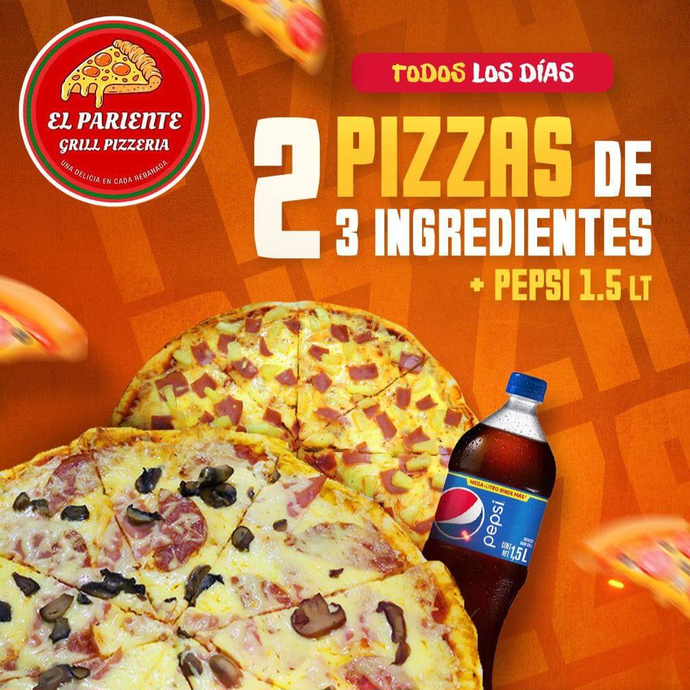2 PIZZAS DE 3 INGREDIENTES MAS BEBIDA DE 1.5 LT