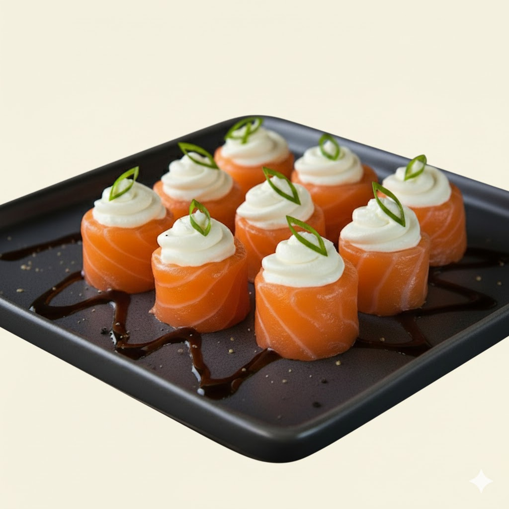 Bolinho de arroz temperado envolvida por uma fatia generosa de Salmão, coberto com Cream Cheese e Cebolinha