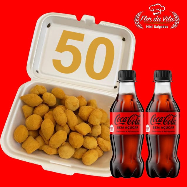 50 Deliciosos mini salgados(13grs). 5 Sabores: Coxinha, presunto e queijo, rissole de carne, enroladinho de salsicha e requeijão. Acompanha 2 cocas Zero 200ml. Não aceitamos alterações neste Mix promocional.