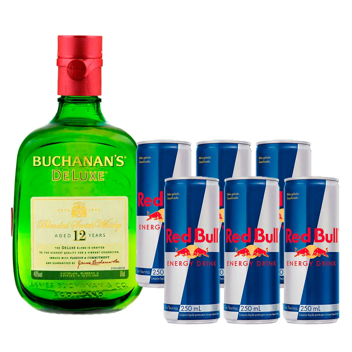 Combo de whisky Buchanan's. Acompanha 4 gelo saborizado, 4 RedBull, 4 Copo 700ml.