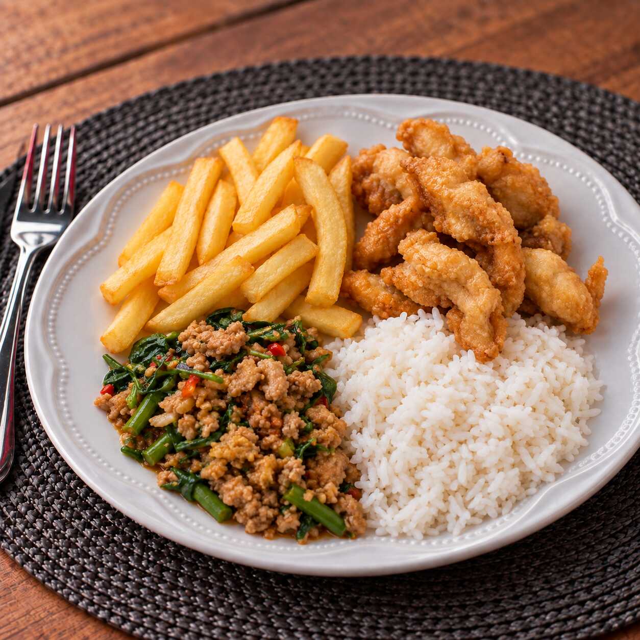 Peixe frito acompanhado de arroz branco, feijão tropeiro, batata frita e salada simples. Uma refeição completa, crocante, saborosa e bem servida.