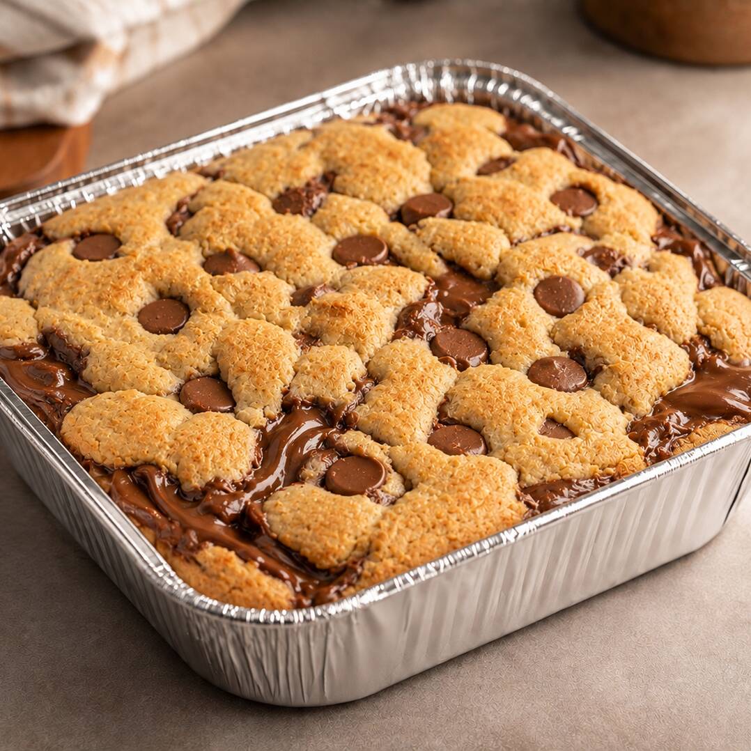 Massa de cookie tradicional de baunilha com recheio de doce de chocolate ao leite. Servido na marmita de 500 ml. Peso aproximado de 350 gramas.
