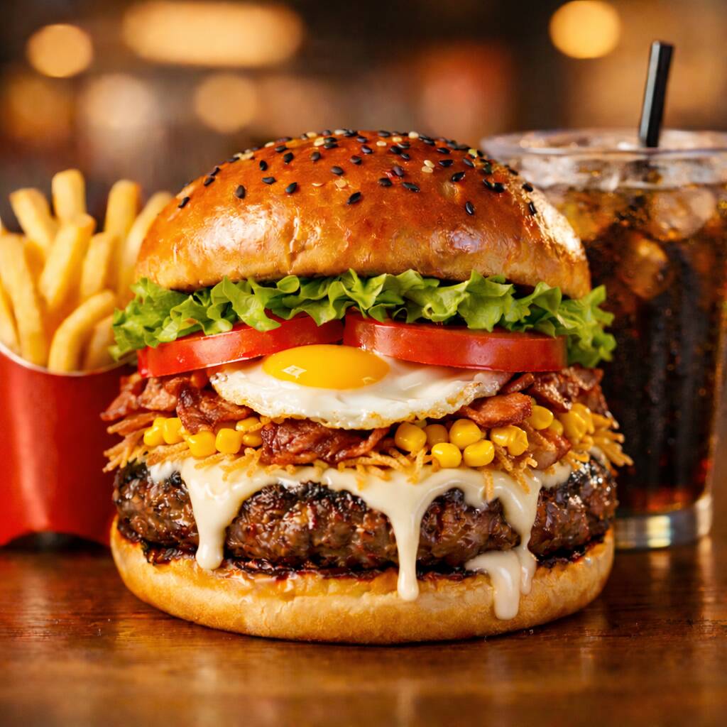 Combo CampiBurguer con Tocineta+ papas + gaseosa