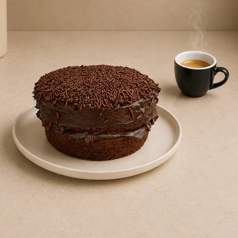 Bolo de massa de chocolate, recheado de brigadeiro caseiro, com massa fofinha e recheio cremoso. Uma combinação irresistível. Serve em média 8 a 12 fatias. Pesa aprox. 700gr