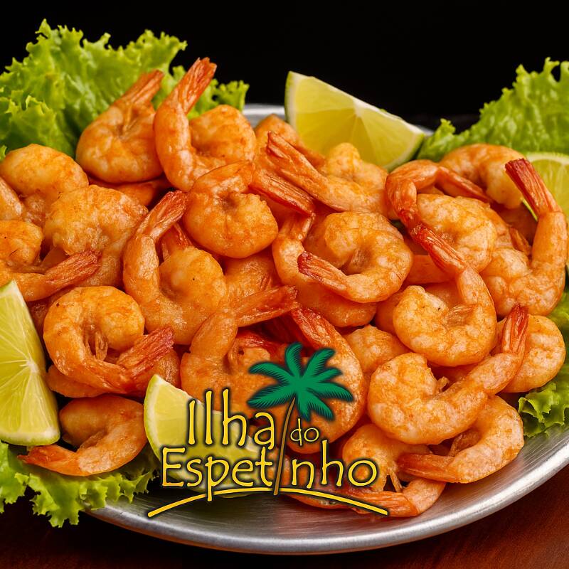 Camarão 7 barbas, com casca e sem cabeça frito. Acompanha molho e limão.