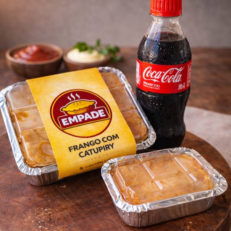 Empadão 375g maior, mais recheado, com empadinha doce 100g e refri 200ml gelado. Ideal pra quem tá com mais fome e quer mais vantagem no pedido.