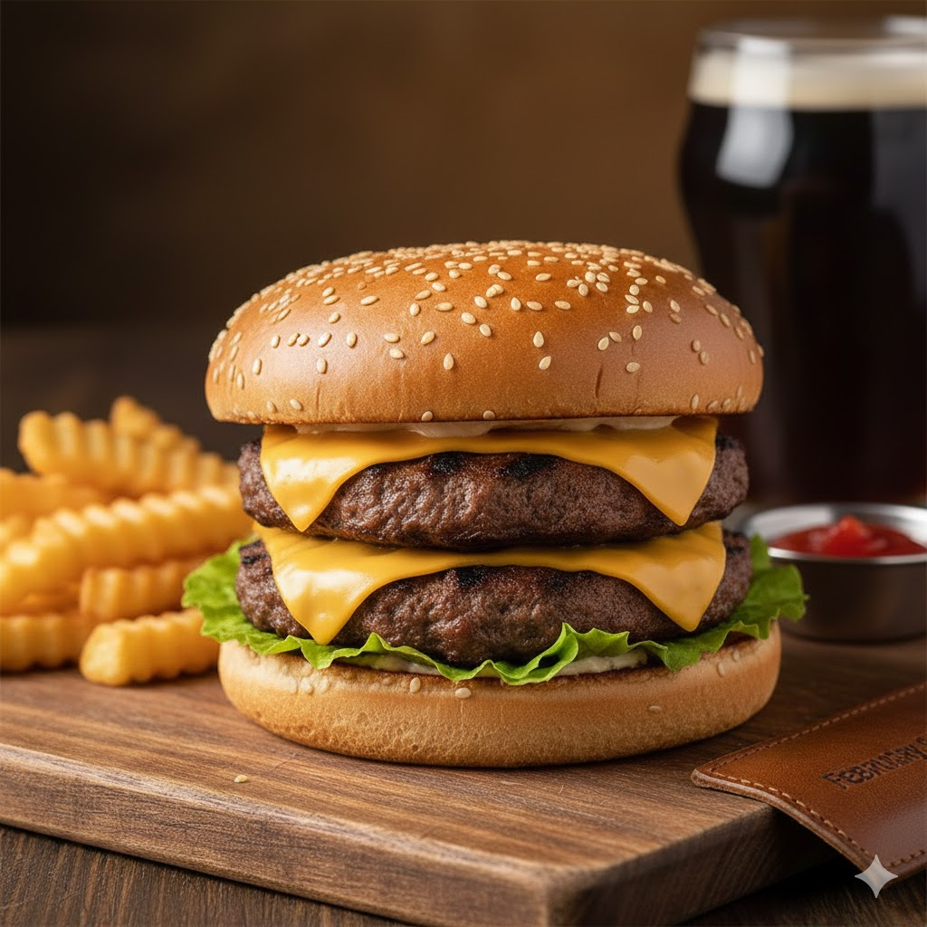 Pão, 2 Carnes, 2 Queijos Cheddar, Alface e Maionese da Casa. Nossos hambúrgueres são preparados com ingredientes selecionados para garantir uma experiência gastronômica única.