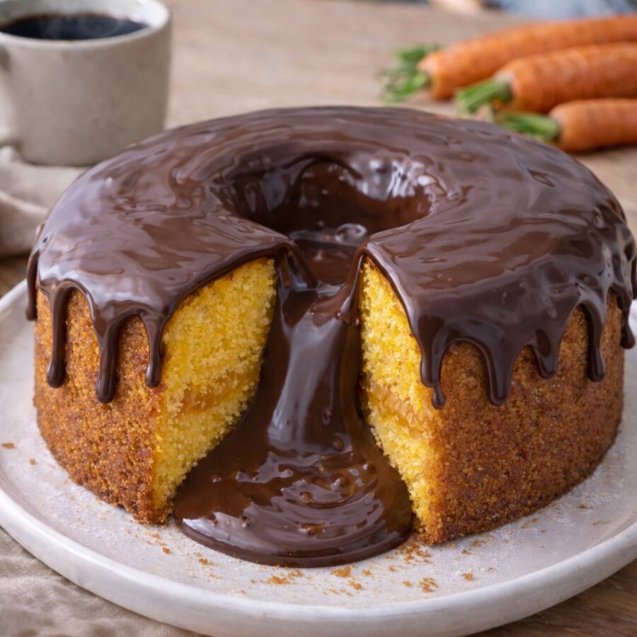 Bolo de Cenoura Super Fofo Com Cobertura de Chocolate Cremosa e Generosa, Recheio Central Que Transborda Até Quase Derramar. Puro Exagero e Sabor Irresistível.