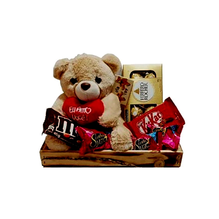 1 cesta mdf ,chocolates diversos,1 m$m 4 sonho de valsa ferrero rocher 100g 1 kit kat,