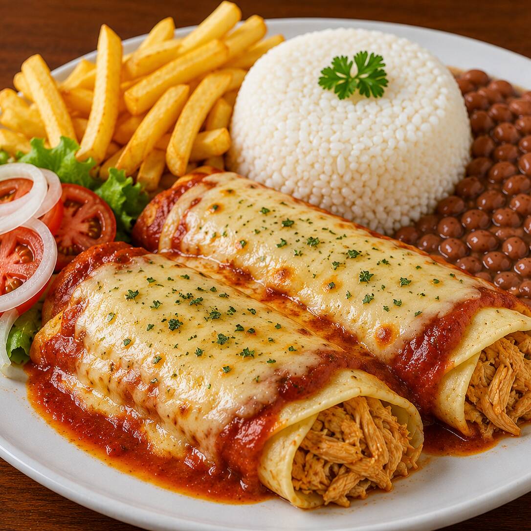 Deliciosa panqueca recheada carne moída bem temperada, ou frango desfiado, coberta com molho especial, e preparado com ingredientes selecionados.