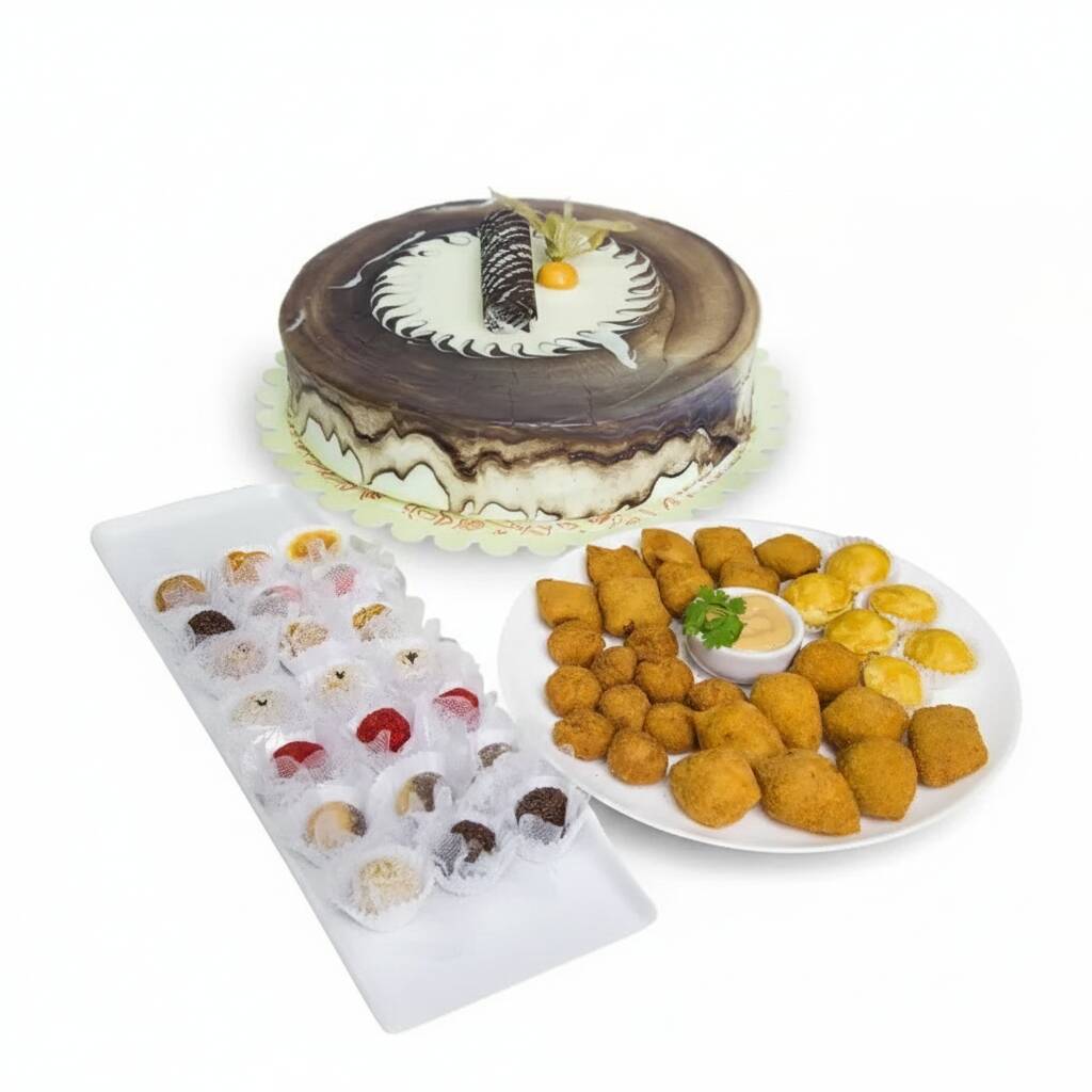 1mini torta 0,500kg sabor Bem casado , 20 salgados tradicionais sortidos, 10 doces tradicionais sortidos.