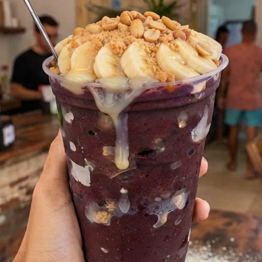2 copo de açaí de 500 ml montado , granola , leite em pó , leite condensado, amendoim e banana