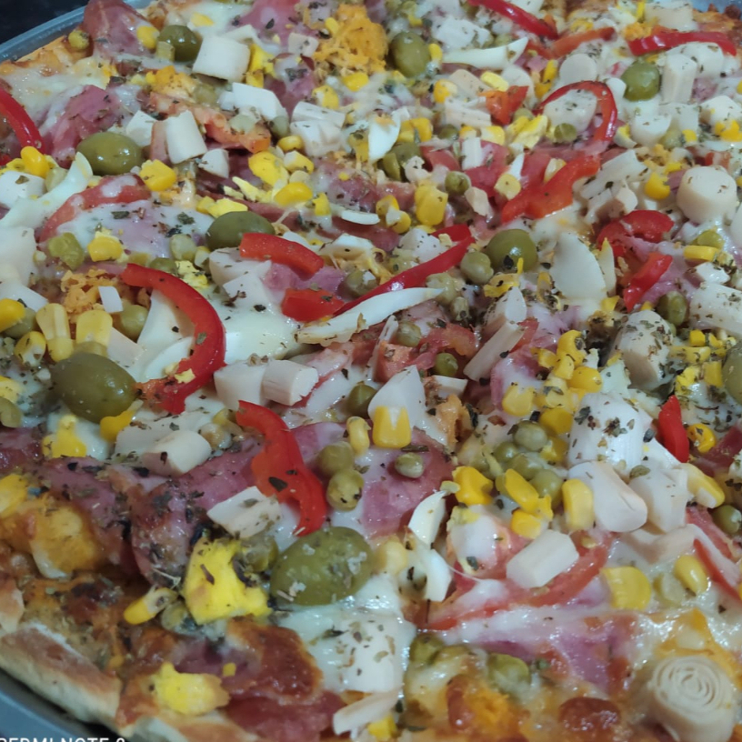 Molho, Mussarela, Calabresa, Frango, Presunto, Pimentão, Ovo, Palmito, Tomante, Milho Verde, Ervilha, Azeitona e Orégano