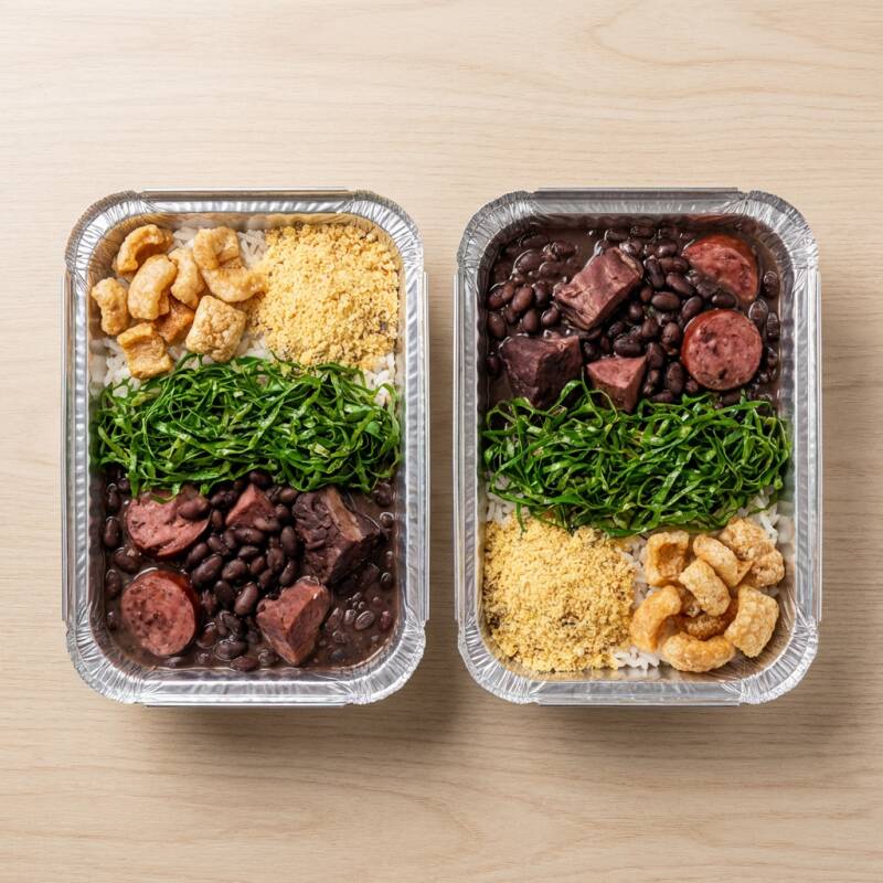 2 marmitas de feijoada - Feijão preto bem temperado, carnes suínas macias paio, calabresa, costelinha e carne seca, arroz soltinho, couve refogada na manteiga, farofa temperada, torresmo. (tudo na mesma marmita). Tudo embalado com carinho pra chegar na sua casa quentinho, saboroso e pronto pra matar a sua fome.