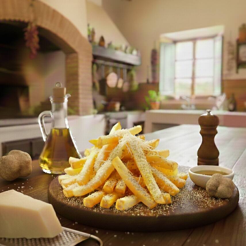 Papas Fritas con Queso Parmesano y Aceite de Trufa