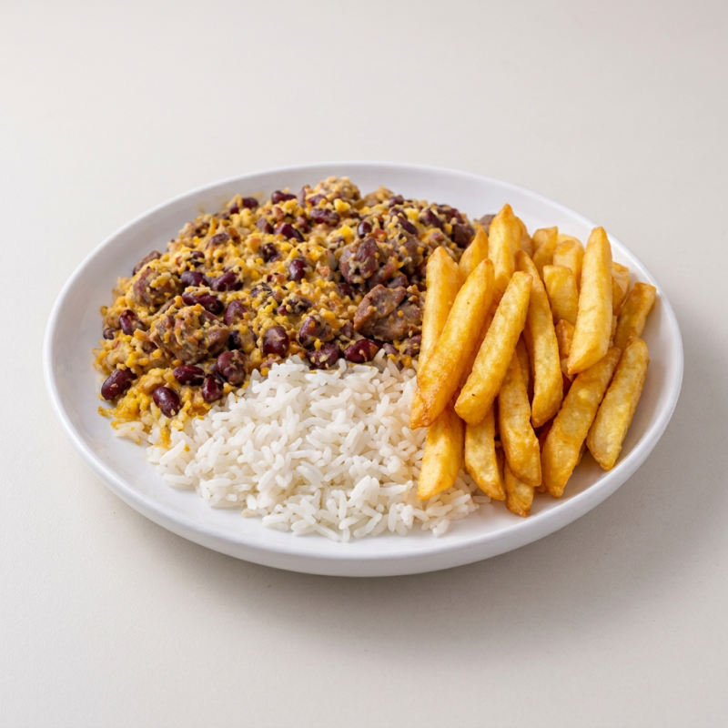 Arroz, Feijão Tropeiro , batata frita Crocante. Opção mais barata da loja e bem servida. Tamanho P