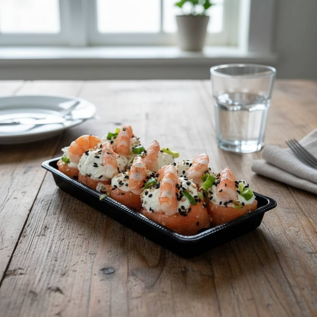 Porções de arroz enrolados no salmão com recheio de creme cheese e camarão