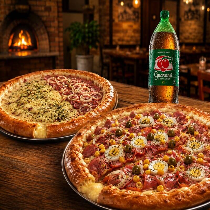 Escolha seu refrigerante 2L grátis e monte suas pizzas com até 2 sabores cada.
