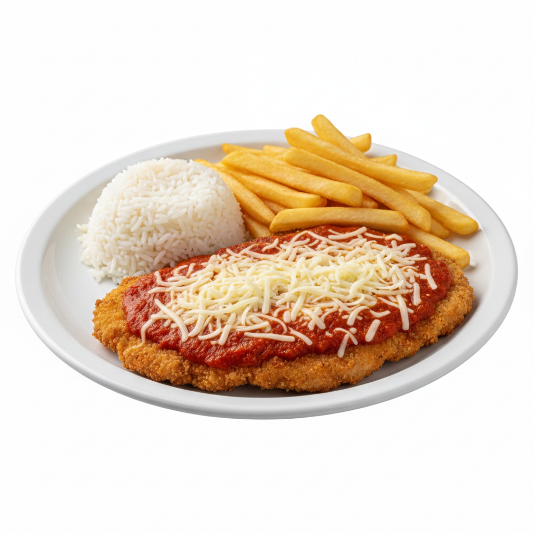 Frango a parmegiana suculento ao molho da casa com queijo, presunto e orégano polvilhado. Um clássico dos mais pedidos da casa !!! *imagem ilustrativa*