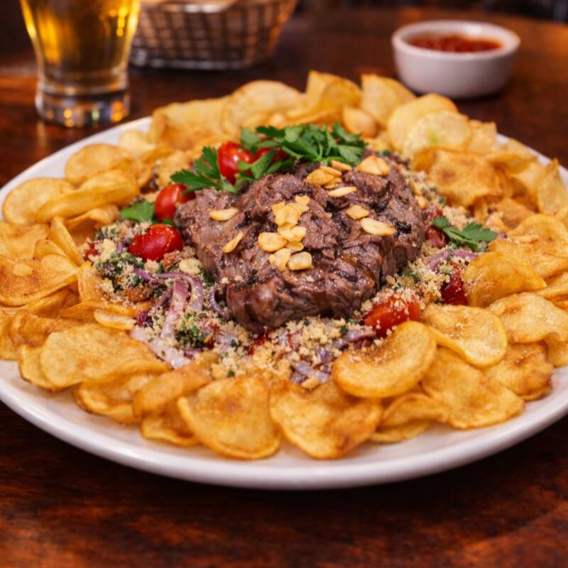 Oswaldo Aranha Um suculento medalhão de mignon grelhado no ponto perfeito, macio por dentro e levemente selado por fora, preservando todo o sabor e a suculência da carne. Acompanha arroz branco soltinho, farofa dourada e crocante e chips sequinhos que trazem aquele contraste perfeito de textura em cada garfada. Um clássico que nunca decepciona: sabor marcante, combinação equilibrada e aquela experiência que dá vontade de repetir.