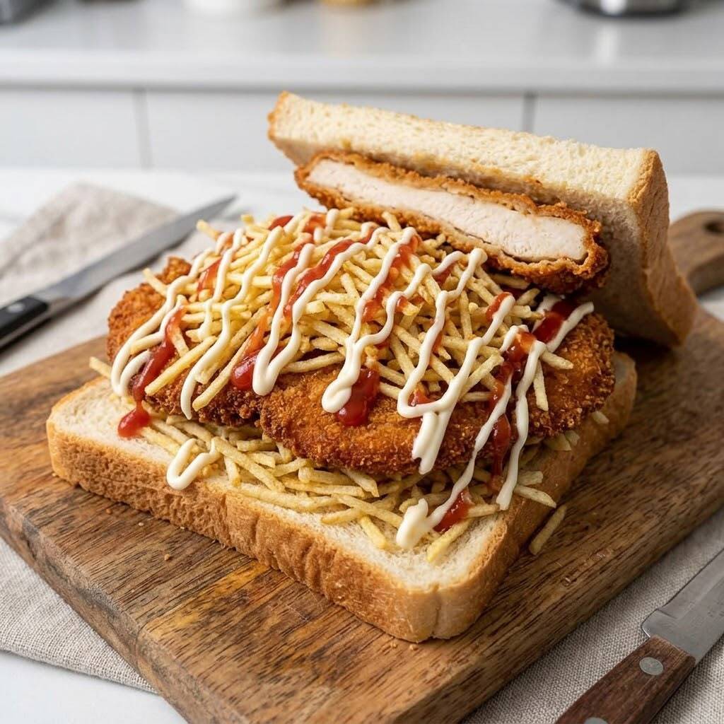 Pan con Filete Crispy y Papas al Hilo