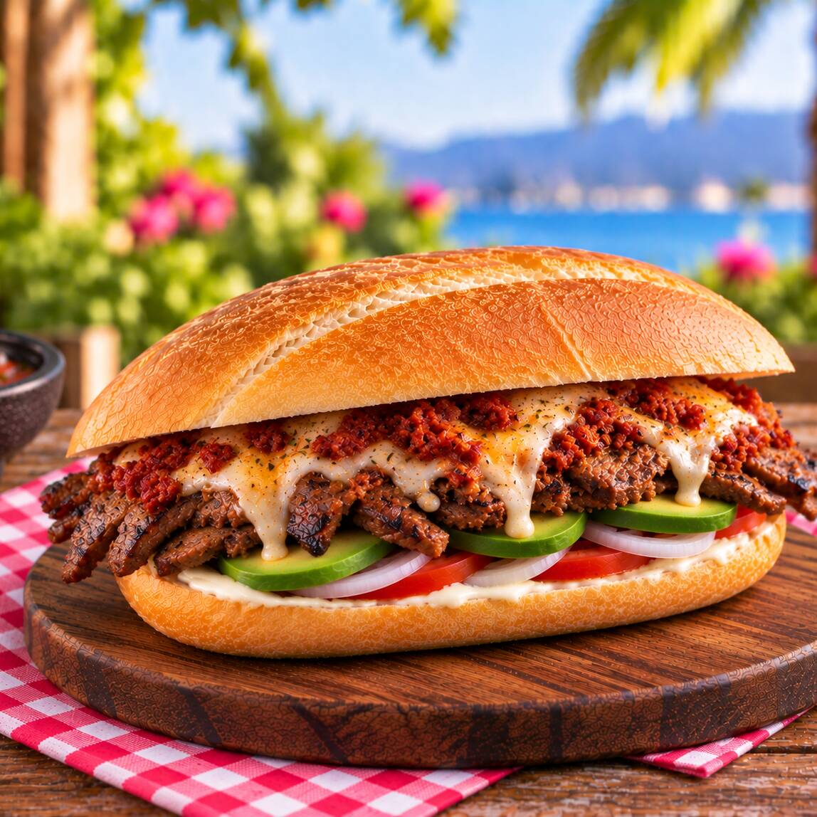 Torta de Arrachera con Choriqueso