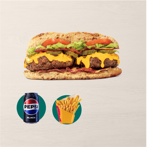 Sanduíche com base de massa de pizza, hamburger, bacon fatiado, maionese temperada, cheddar cremoso, alface americana, picles e tomate + 1 Batata Grande + 1 Refrigerante Lata. Incrível!