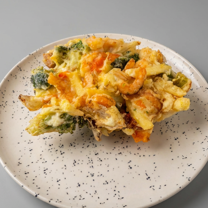 Empanado de legumes, batata em tiras, cenoura, brócolis, pimentão e cebola com camarão e peixe