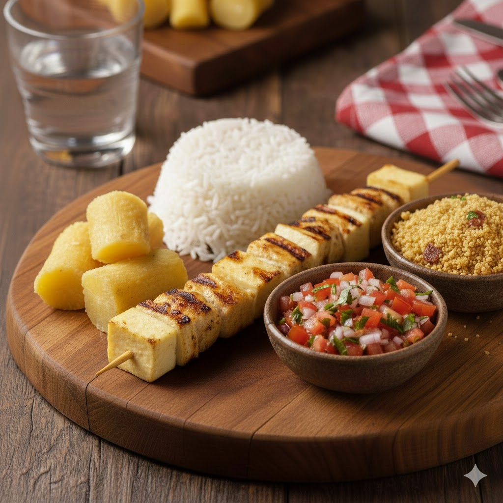 Macaxeira + arroz + espetinho de frango com queijo + vinagrete + farofa