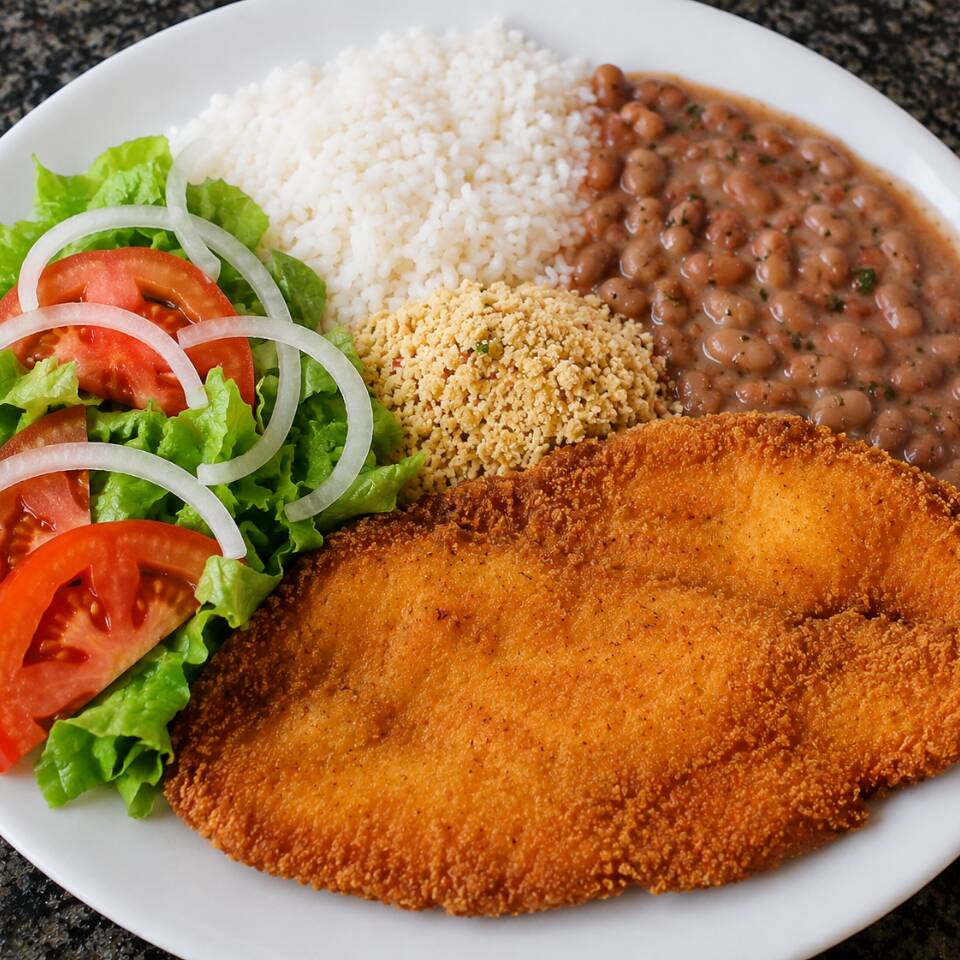 Filé de tilapia a milanesa, arroz, feijão, farofa e salada de alface.