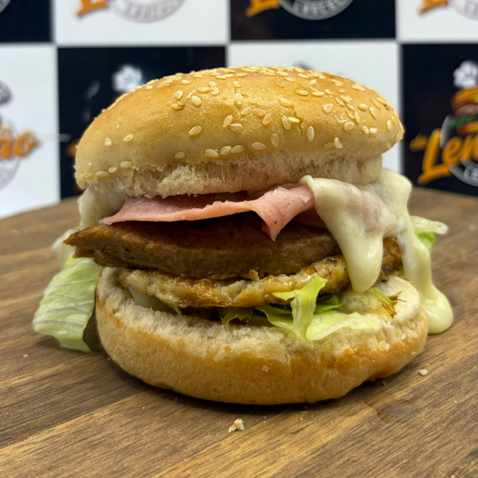 Pão, hambúrguer, mussarela, presunto, ovo, ketchup, maionese, alface e tomate.