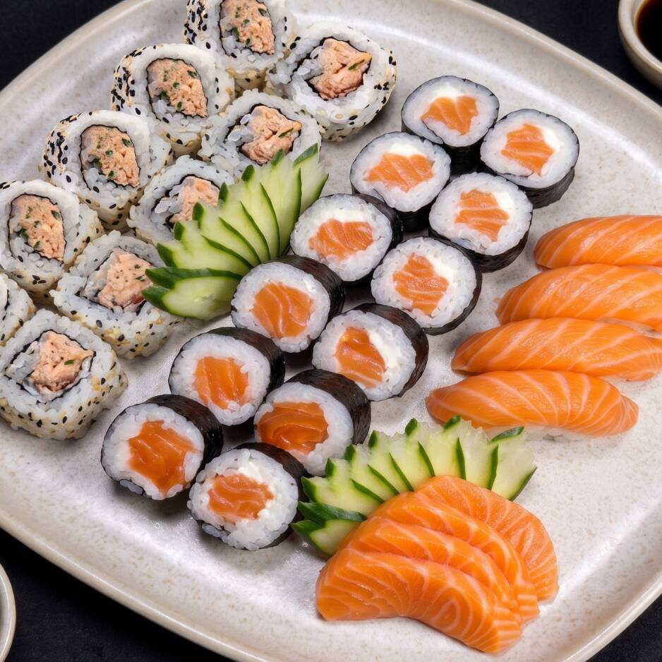 10 Uramaki Boston de atum (pasta de atum, cebolinha e cream cheese), 10 makimono philadelfia, 5 sushi salmão, 5 sashimi salmão