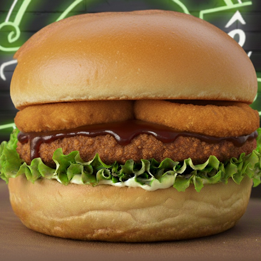 Not-Chicken Onion: lanche vegano com delicioso steak de frango vegetal, maionese Tofulelê, alface fresca, 2 crocantes anéis de cebola e molho barbecue no pão brioche. Alergênicos: Contém Aveia, Derivados De Trigo E Soja. Pode conter Castanha De Caju. Contém Glúten.